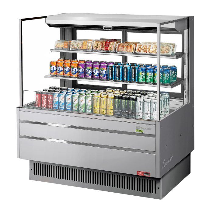 Turbo Air TOM-48L-UFD-S-3S-N 46 3/4" Stainless Steel Low Profile Horizontal Open Air Cooler w/ (3) Levels – Ultra Front Deluxe Merchandiser, 115v - Donut-Equipment.com