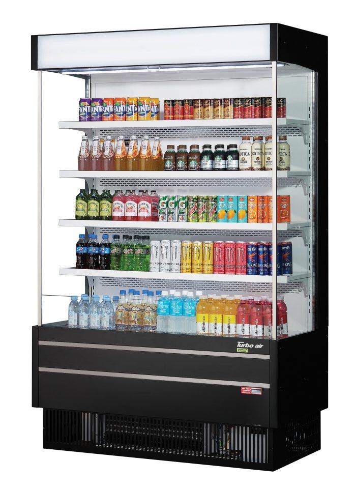Turbo Air TOM-50SEB-N 51 5/8" Black Narrow Depth Vertical Open Air Cooler / Air Curtain Display Case with (5) Levels, 115v - Donut-Equipment.com