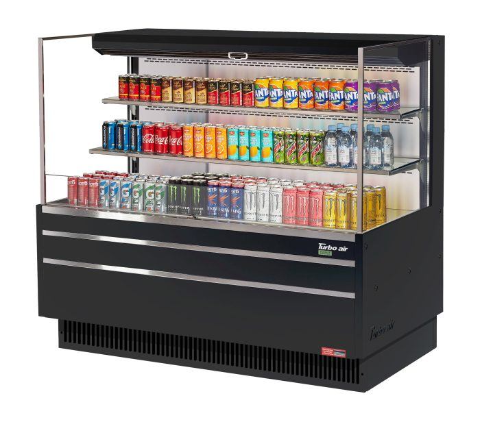 Turbo Air TOM-60L-UF-B-3S-N 58 3/4" Black Low Profile Horizontal Open Air Cooler w/ (3) Levels – Ultra Front Merchandiser, 115v - Donut-Equipment.com
