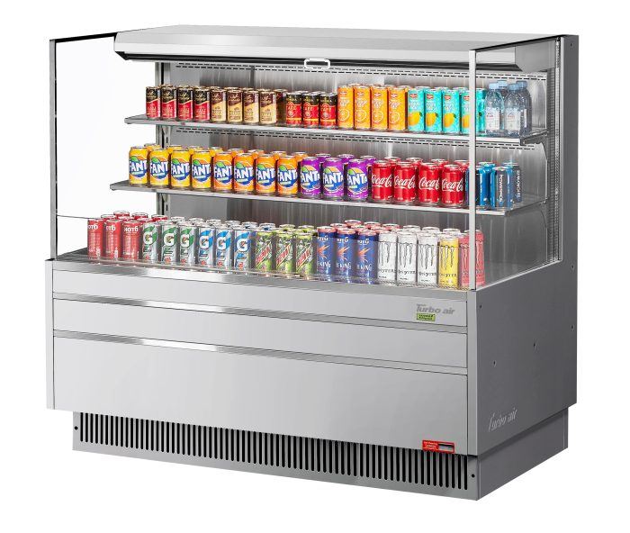 Turbo Air TOM-60L-UF-S-3S-N 58 3/4" Stainless Steel Low Profile Horizontal Open Air Cooler w/ (3) Levels – Ultra Front Merchandiser, 115v - Donut-Equipment.com