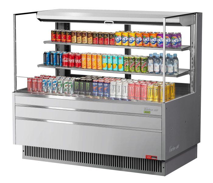 Turbo Air TOM-60L-UFD-S-3S-N 58 3/4" Stainless Steel Low Profile Horizontal Open Air Cooler w/ (3) Levels – Ultra Front Deluxe Merchandiser, 115v - Donut-Equipment.com