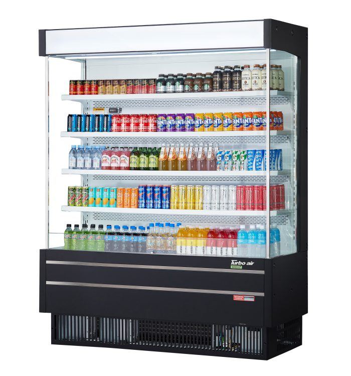 Turbo Air TOM-60SEB-N 64" Black Narrow Depth Vertical Open Air Cooler / Air Curtain Display Case with (5) Levels, 115v - Donut-Equipment.com