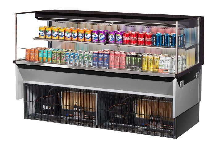 Turbo Air TOM-72L-UF-B-2SI-N 71 7/8" Drop-In Horizontal Open Air Cooler w/ (2) Levels – Black Exterior, 220v/1ph - Donut-Equipment.com