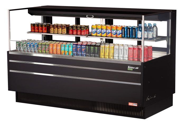 Turbo Air TOM-72L-UFD-B-2S-N 70 3/4" Black Low Profile Horizontal Open Air Cooler w/ (2) Levels – Ultra Front Deluxe Merchandiser, 220v/1ph - Donut-Equipment.com