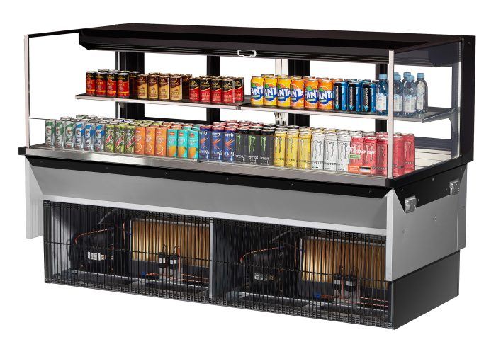 Turbo Air TOM-72L-UFD-B-2SI-N 72" Drop-In Horizontal Open Air Cooler w/ (2) Levels – Black Exterior, 220v/1ph - Donut-Equipment.com