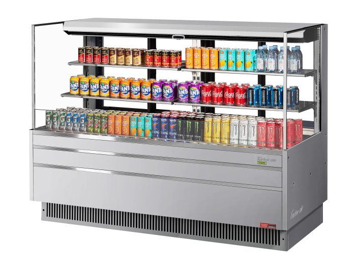 Turbo Air TOM-72L-UFD-S-3S-N 70 3/4" Stainless Steel Low Profile Horizontal Open Air Cooler w/ (3) Levels – Ultra Front Deluxe Merchandiser, 220v/1ph - Donut-Equipment.com
