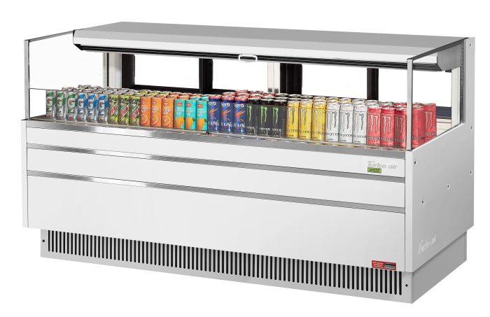 Turbo Air TOM-72L-UFD-W-1S-N 70 3/4" White Low Profile Horizontal Open Air Cooler w/ (1) Level – Ultra Front Deluxe Merchandiser, 220v/1ph - Donut-Equipment.com
