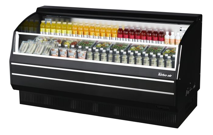 Turbo Air TOM-75SB-SP-N 75 3/4" Black Horizontal Open Air Cooler w/ (3) Levels, Stainless Steel Interior – Slim Line, 115v - Donut-Equipment.com