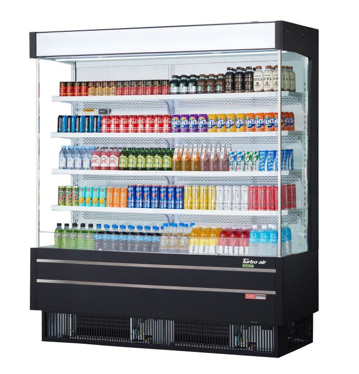 Turbo Air TOM-75SEB-N 76 1/2" Black Narrow Depth Vertical Open Air Cooler / Air Curtain Display Case with (5) Levels, 220v/1ph - Donut-Equipment.com