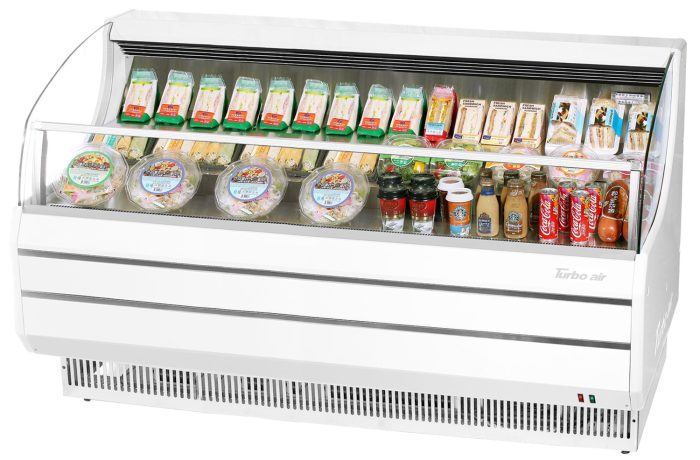 Turbo Air TOM-75SW-N 75 5/8" Slim Line Horizontal Open Air Cooler w/ (3) Levels – White Exterior, 115v - Donut-Equipment.com