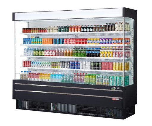 Turbo Air TOM-96SEB-N 100 1/8" Black Narrow Depth Vertical Open Air Cooler / Air Curtain Display Case with (5) Levels, 220v/1ph - Donut-Equipment.com