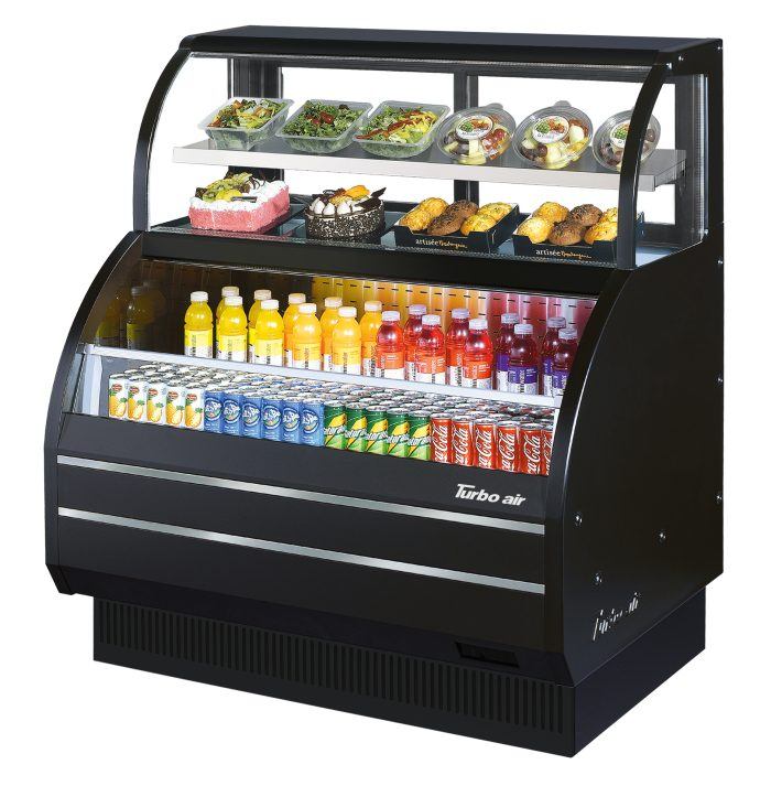 Turbo Air TOM-W-50SB-N 50 7/8" Black Horizontal Open Air Cooler w/ (4) Levels – Wide Display Merchandiser, 115v - Donut-Equipment.com