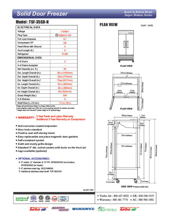 Turbo Air TSF-35SD-N Super Deluxe 40" Solid Door Reach In Freezer