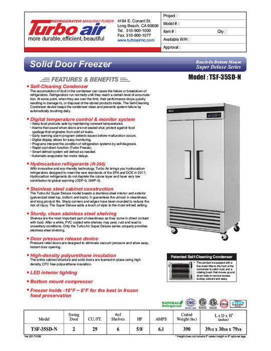 Turbo Air TSF-35SD-N Super Deluxe 40" Solid Door Reach In Freezer