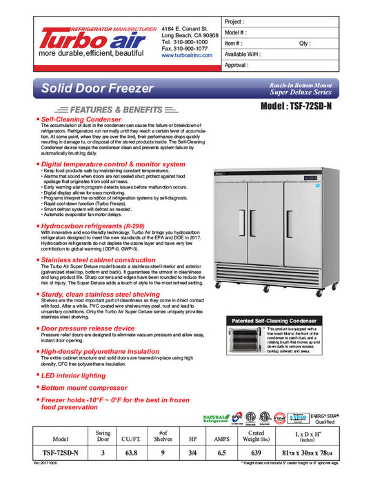 Turbo Air TSF-72SD-N Super Deluxe 82" Solid Door Reach-In Freezer with LED Lighting