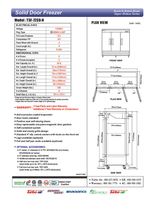 Turbo Air TSF-72SD-N Super Deluxe 82" Solid Door Reach-In Freezer with LED Lighting