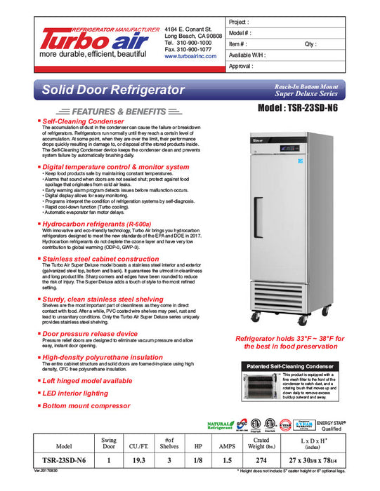 Turbo Air TSR-23SD-N6 Super Deluxe 27" Bottom Mounted Solid Door Reach-In Refrigerator with LED Lighting