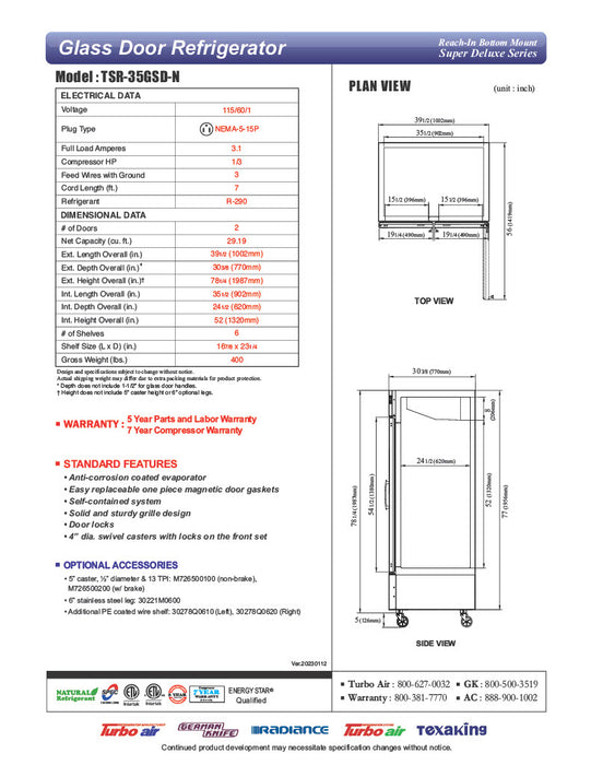 Turbo Air TSR-35GSD-N 39 1/2" Two Section Reach In Refrigerator, (2) Left/Right Hinge Glass Doors, 115v