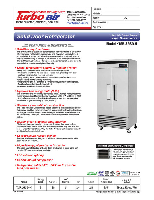 Turbo Air TSR-35SD-N Super Deluxe 40" Bottom Mounted Solid Door Reach-In Refrigerator with LED Lighting