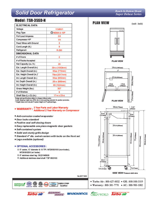 Turbo Air TSR-35SD-N Super Deluxe 40" Bottom Mounted Solid Door Reach-In Refrigerator with LED Lighting