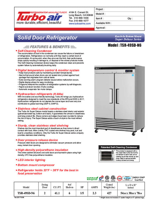 Turbo Air TSR-49SD-N6 Super Deluxe 54" Bottom Mounted Solid Door Reach-In Refrigerator with LED Lighting