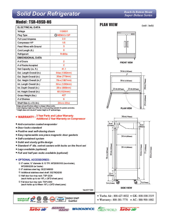 Turbo Air TSR-49SD-N6 Super Deluxe 54" Bottom Mounted Solid Door Reach-In Refrigerator with LED Lighting