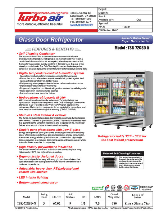 Turbo Air TSR-72GSD-N Super Deluxe 82" Glass Door Reach In Refrigerator