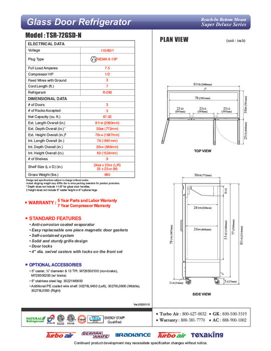 Turbo Air TSR-72GSD-N Super Deluxe 82" Glass Door Reach In Refrigerator