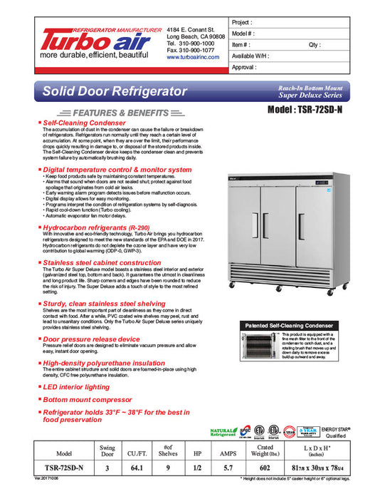 Turbo Air TSR-72SD-N Super Deluxe 82" Bottom Mounted Solid Door Reach-In Refrigerator with LED Lighting