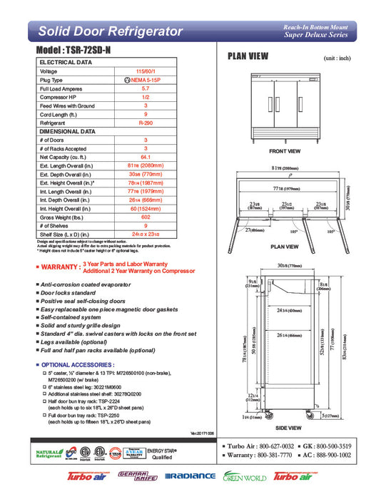 Turbo Air TSR-72SD-N Super Deluxe 82" Bottom Mounted Solid Door Reach-In Refrigerator with LED Lighting