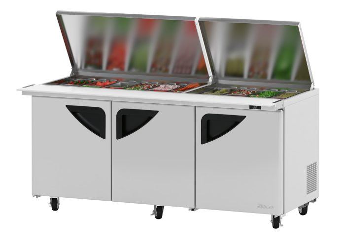 Turbo Air Super Deluxe TST-72SD-30-N-FL 72" 3 Door Mega Top Refrigerated Sandwich Prep Table with Flat Lid - Donut-Equipment.com