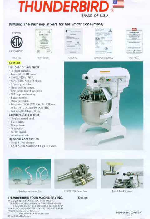 10 Quart Thunderbird Planetary Mixer ARM-01 - Donut-Equipment.com