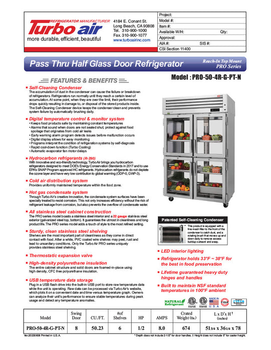 Turbo Air PRO-50-4R-G-PT-N 51 3/4" Two Section Pass Thru Refrigerator, (8) Left/Right Hinge Glass Doors, 115v