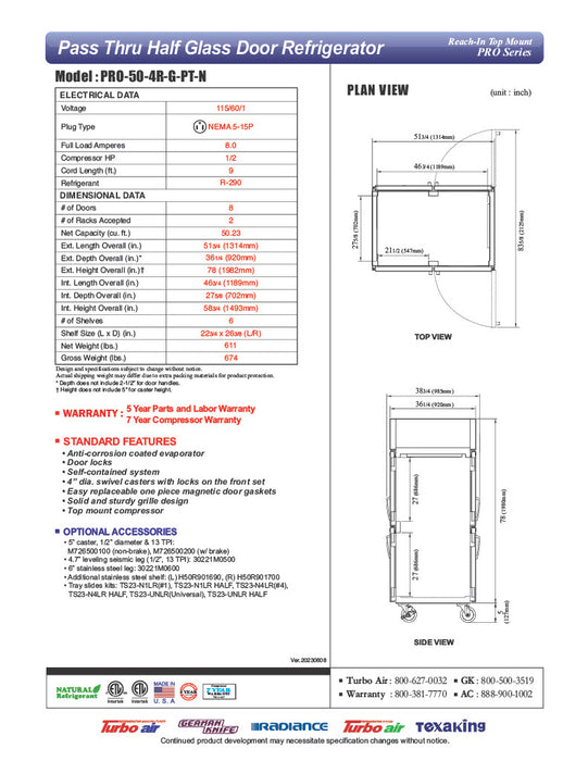 Turbo Air PRO-50-4R-G-PT-N 51 3/4" Two Section Pass Thru Refrigerator, (8) Left/Right Hinge Glass Doors, 115v