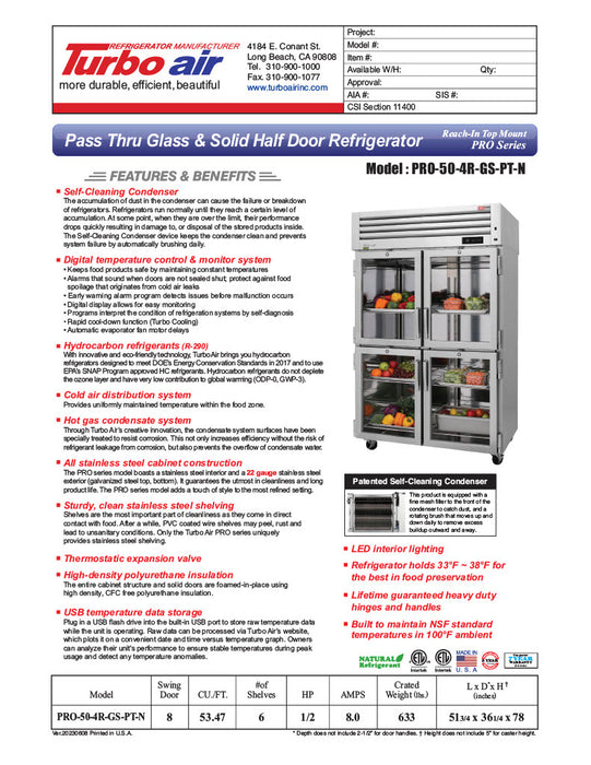 Turbo Air PRO-50-4R-GS-PT-N 51 3/4" Two Section Pass Thru Refrigerator, (4) Glass Doors, (4) Solid Doors, Left/Right Hinge, 115v