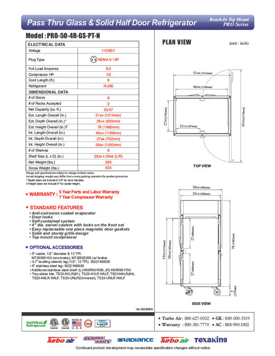 Turbo Air PRO-50-4R-GS-PT-N 51 3/4" Two Section Pass Thru Refrigerator, (4) Glass Doors, (4) Solid Doors, Left/Right Hinge, 115v