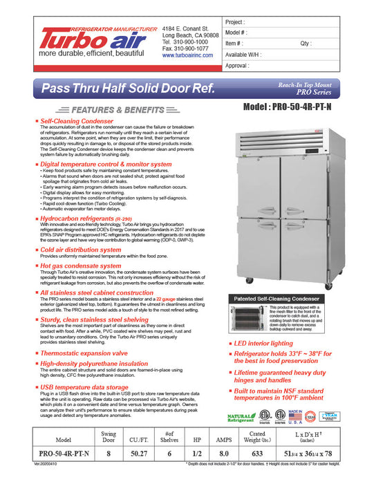 Turbo Air PRO-50-4R-PT-N Pro Series 52" Solid Half Door Pass-Through Refrigerator