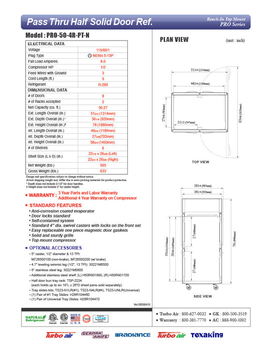 Turbo Air PRO-50-4R-PT-N Pro Series 52" Solid Half Door Pass-Through Refrigerator