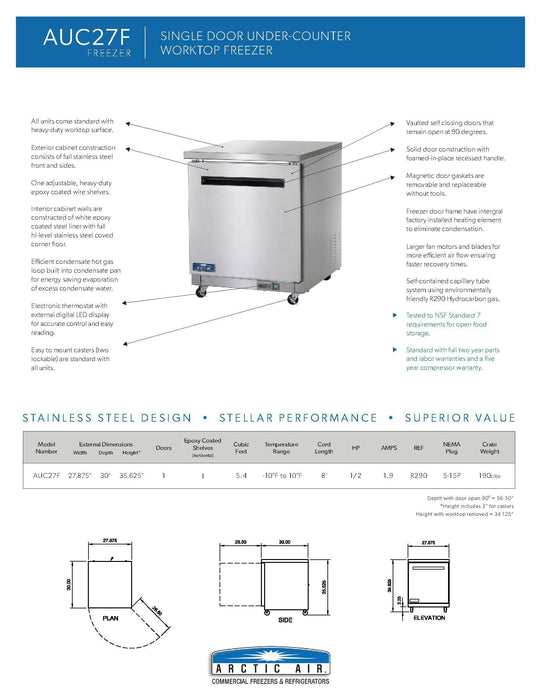 Arctic Air AUC27F 27" Single Door Undercounter Freezer