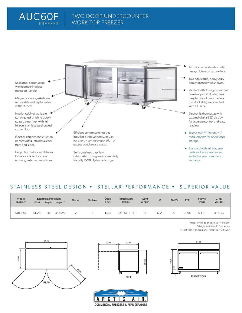 Arctic Air AUC60F 60" Undercounter Freezer - Donut-Equipment.com