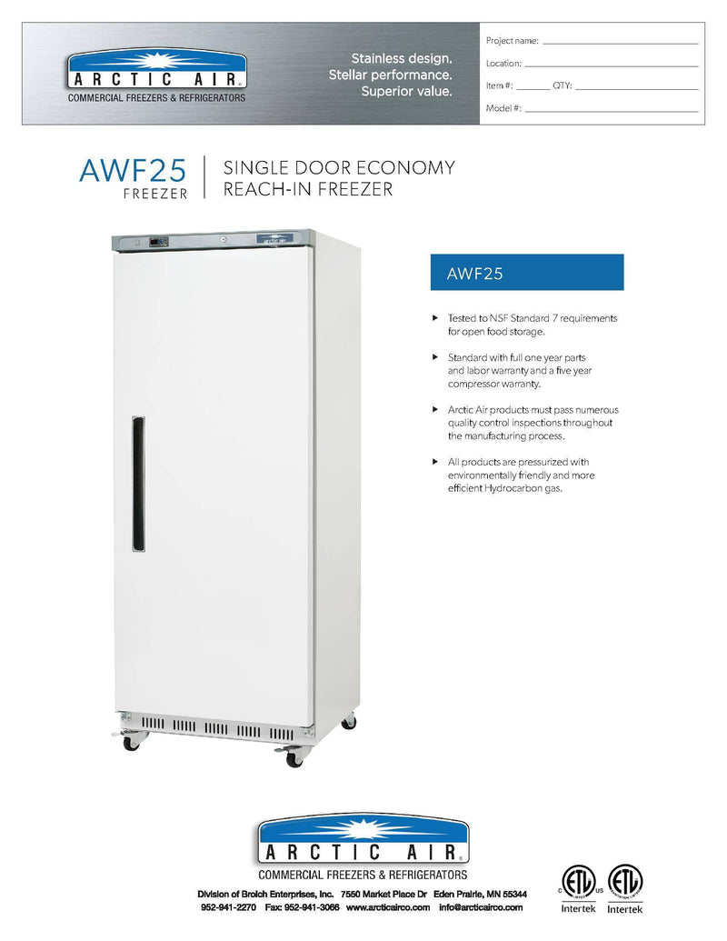 Arctic Air AWF25 White Single Door Reach In Freezer - Donut-Equipment.com