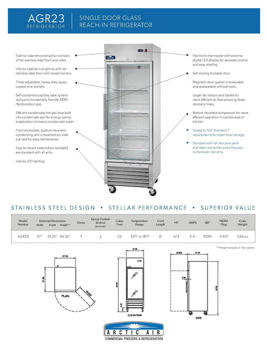 Arctic Air AGR23 27" One Section Glass Door Reach-In Refrigerator