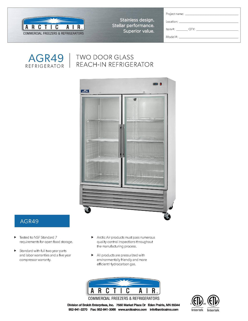 Arctic Air AGR49 54" Two Section Glass Door Reach-In Refrigerator - Donut-Equipment.com