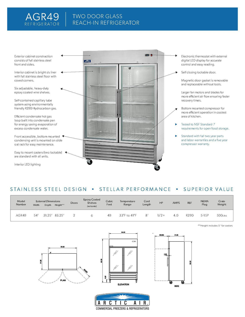 Arctic Air AGR49 54" Two Section Glass Door Reach-In Refrigerator - Donut-Equipment.com