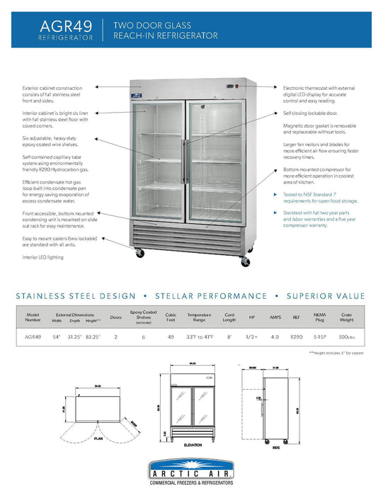 Arctic Air AGR49 54" Two Section Glass Door Reach-In Refrigerator