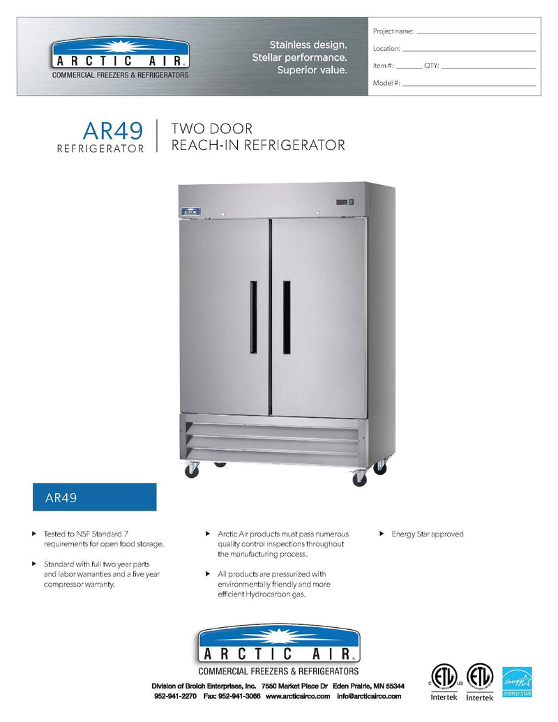 Arctic Air AR49 Two Section Solid Door Reach-in Refrigerator - Donut-Equipment.com