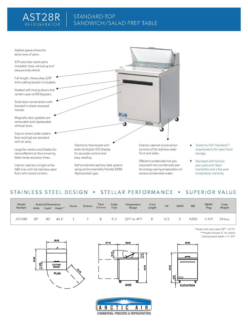 Arctic Air AST28R One Door Sandwich / Salad Prep Refrigerator - Donut-Equipment.com