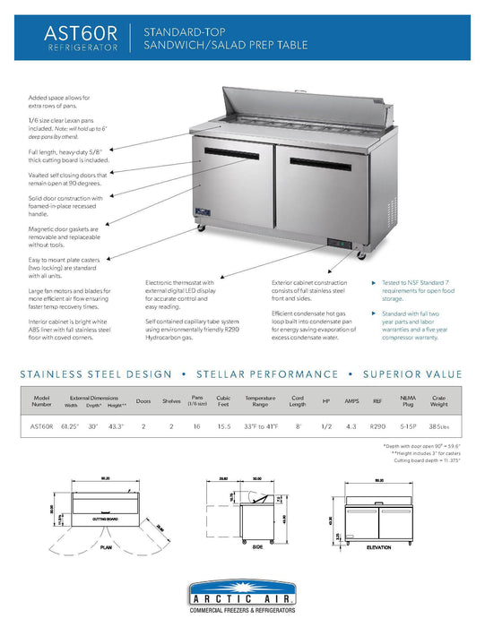 Arctic Air AST60R 60" Two Door Sandwich / Salad Prep Refrigerator