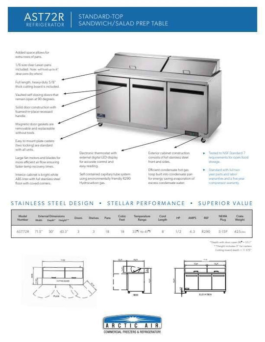 Arctic Air AST72R 72" Two Door Sandwich / Salad Prep Refrigerator