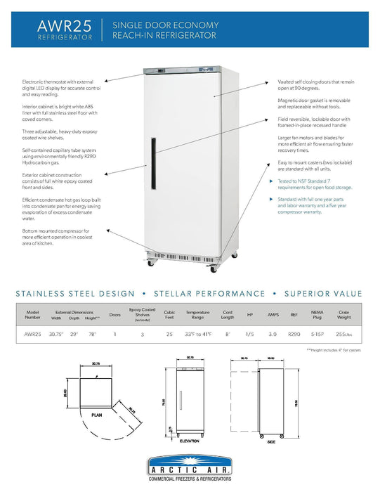 Arctic Air AWR25 White Single Door Reach In Refrigerator